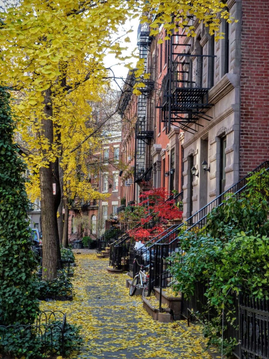 Calle arbolada en Nueva York con casas de ladrillo y hojas amarillas de otoño en el suelo.