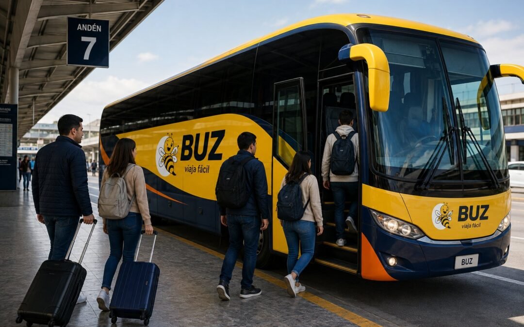 Pasajeros abordando un autobús de BUZ en el andén 7 de una terminal