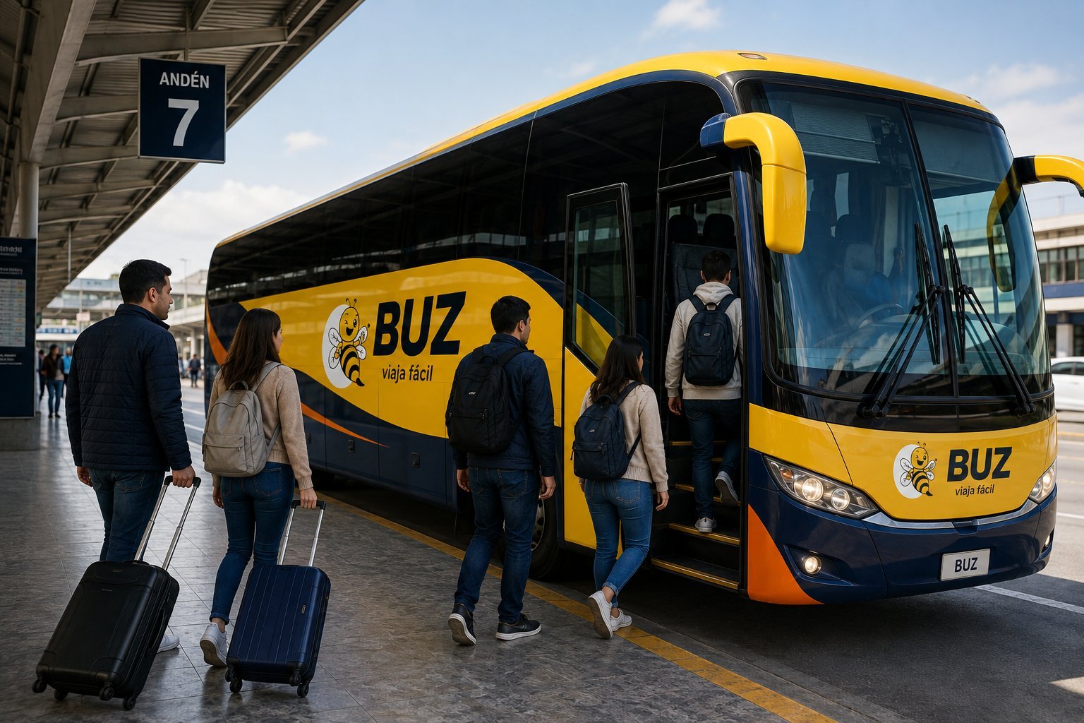 Pasajeros abordando un autobús de BUZ en el andén 7 de una terminal